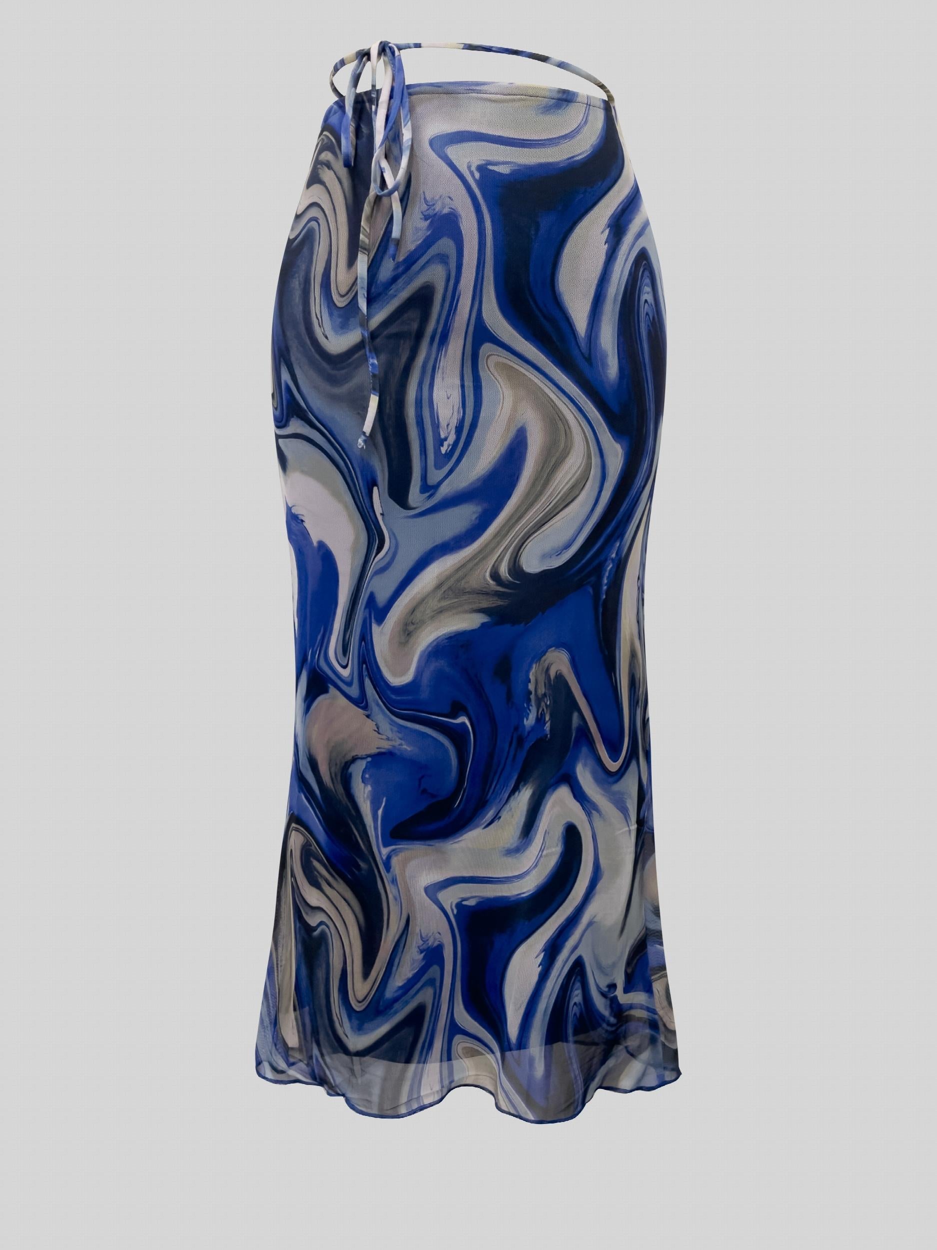 Mesh Skirt Tie Waist All Over Print Casual Spring Summer Women's Clothing