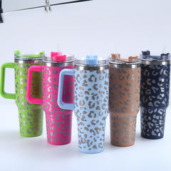 40oz Leopard Print Car Cup Handle Straw Cup Vacuum Tumbler