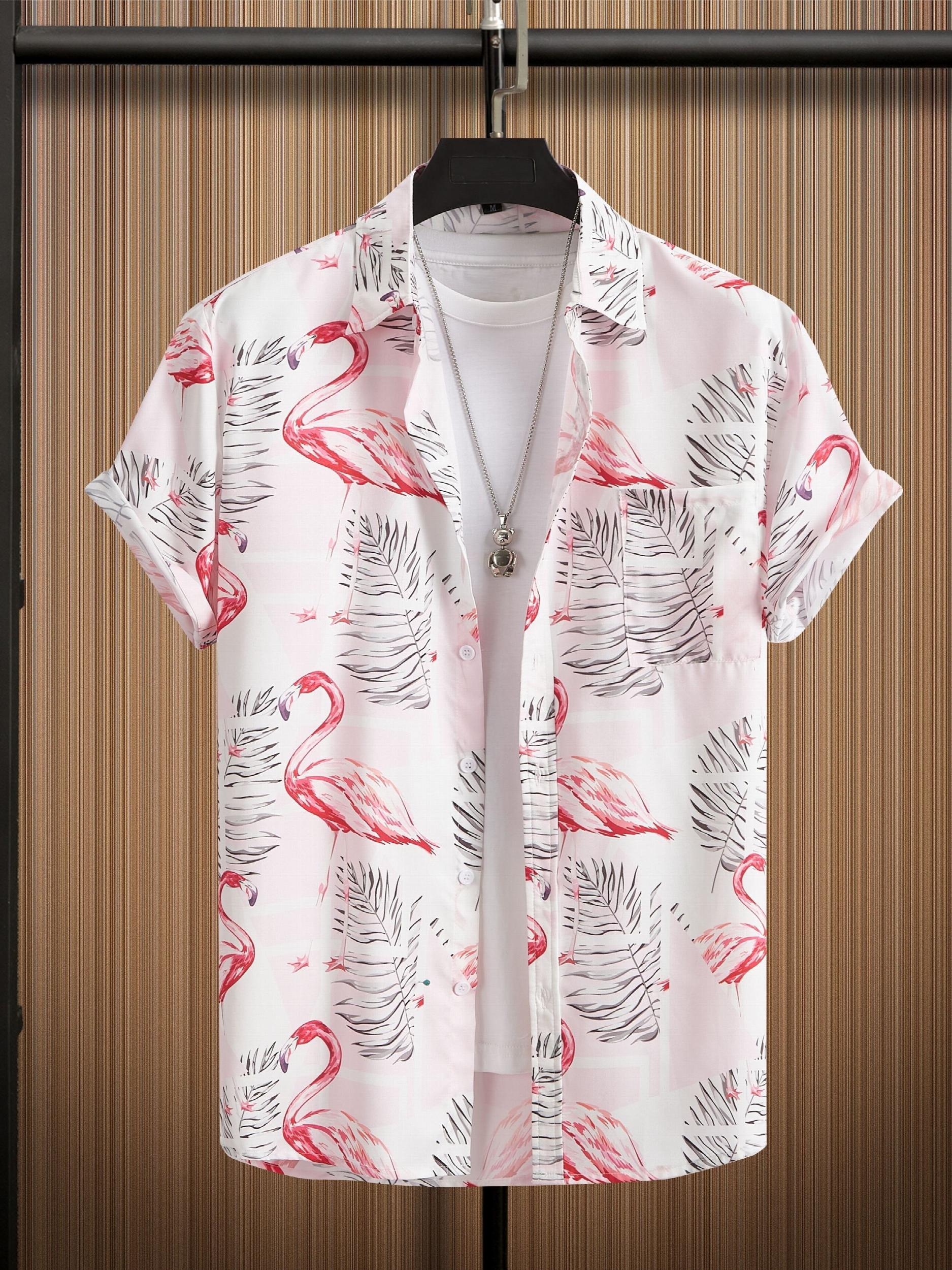 Red Crown Crane Print Men's Hawaiian Style Button Up Shirt