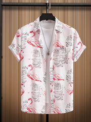 Red Crown Crane Print Men's Hawaiian Style Button Up Shirt