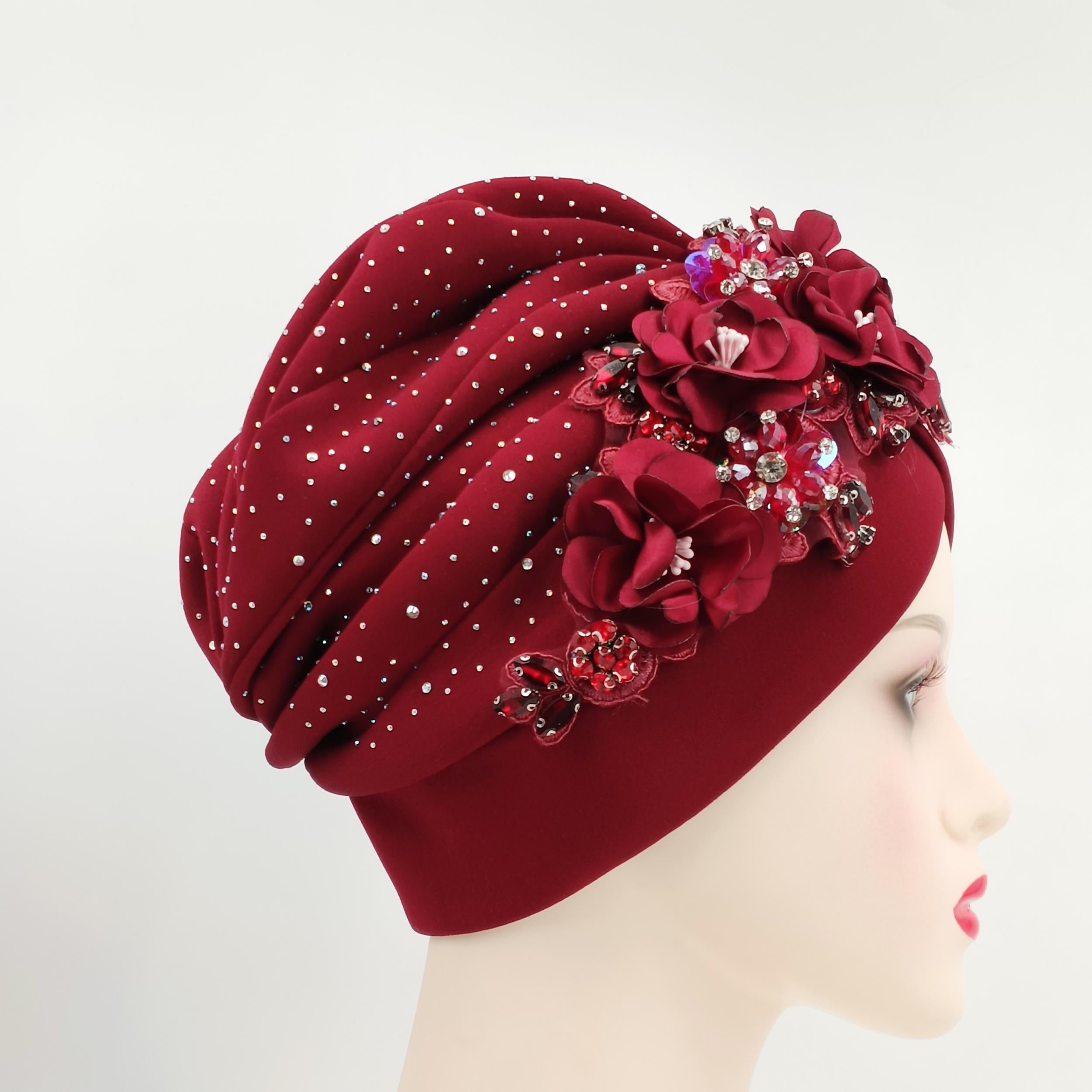 Rhinestone Flower Turban Cap Elastic Head Wrap Floral Chemo Cap