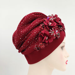 Rhinestone Flower Turban Cap Elastic Head Wrap Floral Chemo Cap