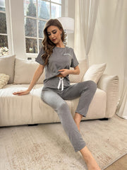 Letter Print Pajama Set Short Sleeve Top & Pants Women's Sleepwear