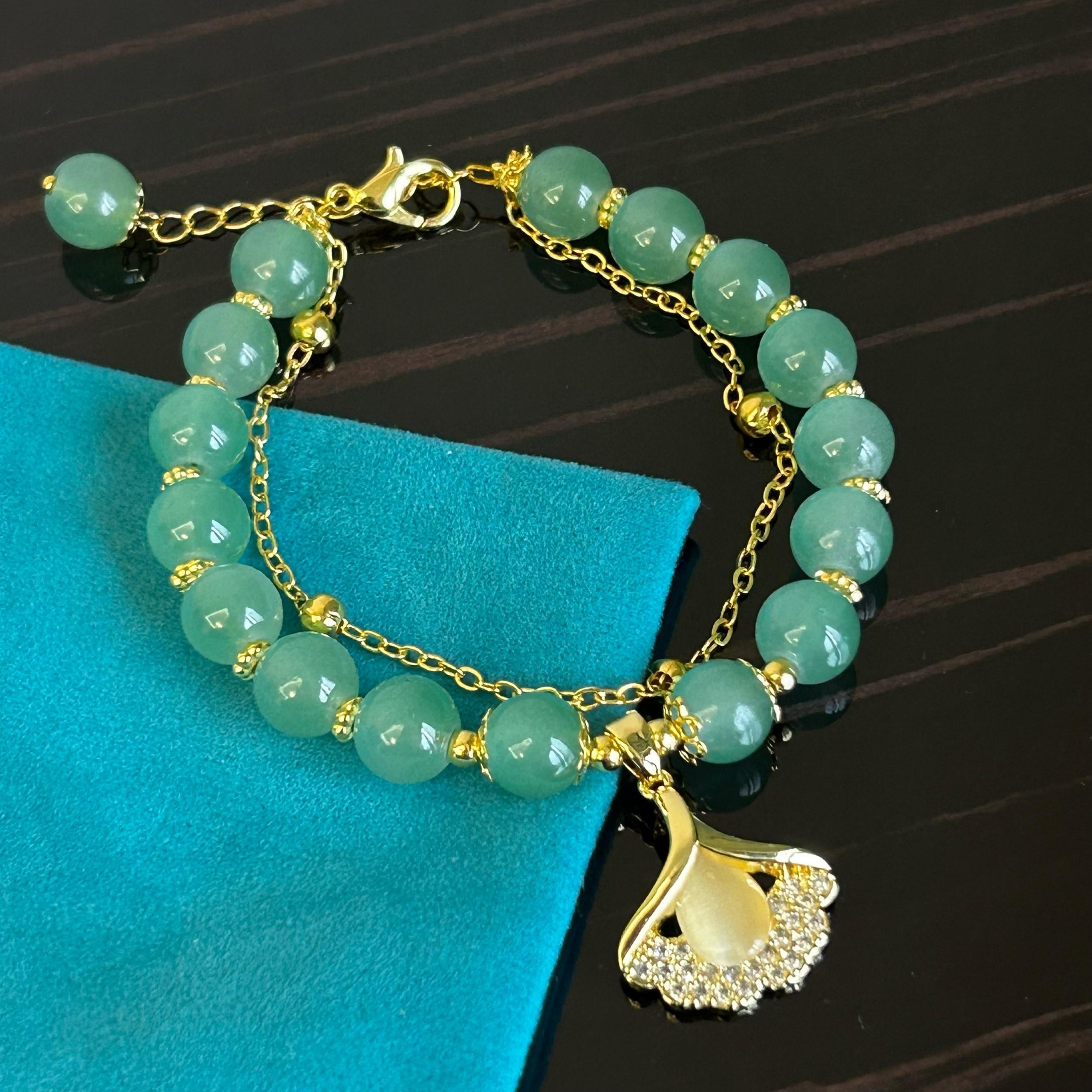 Green Jade Bracelet With Ginkgo Leaf, Perfect Gift for Her