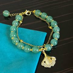 Green Jade Bracelet With Ginkgo Leaf, Perfect Gift for Her