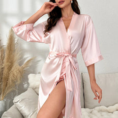 Satin Night Robe 3/4 Sleeve Lounge Robe With Belt Women's Sleepwear