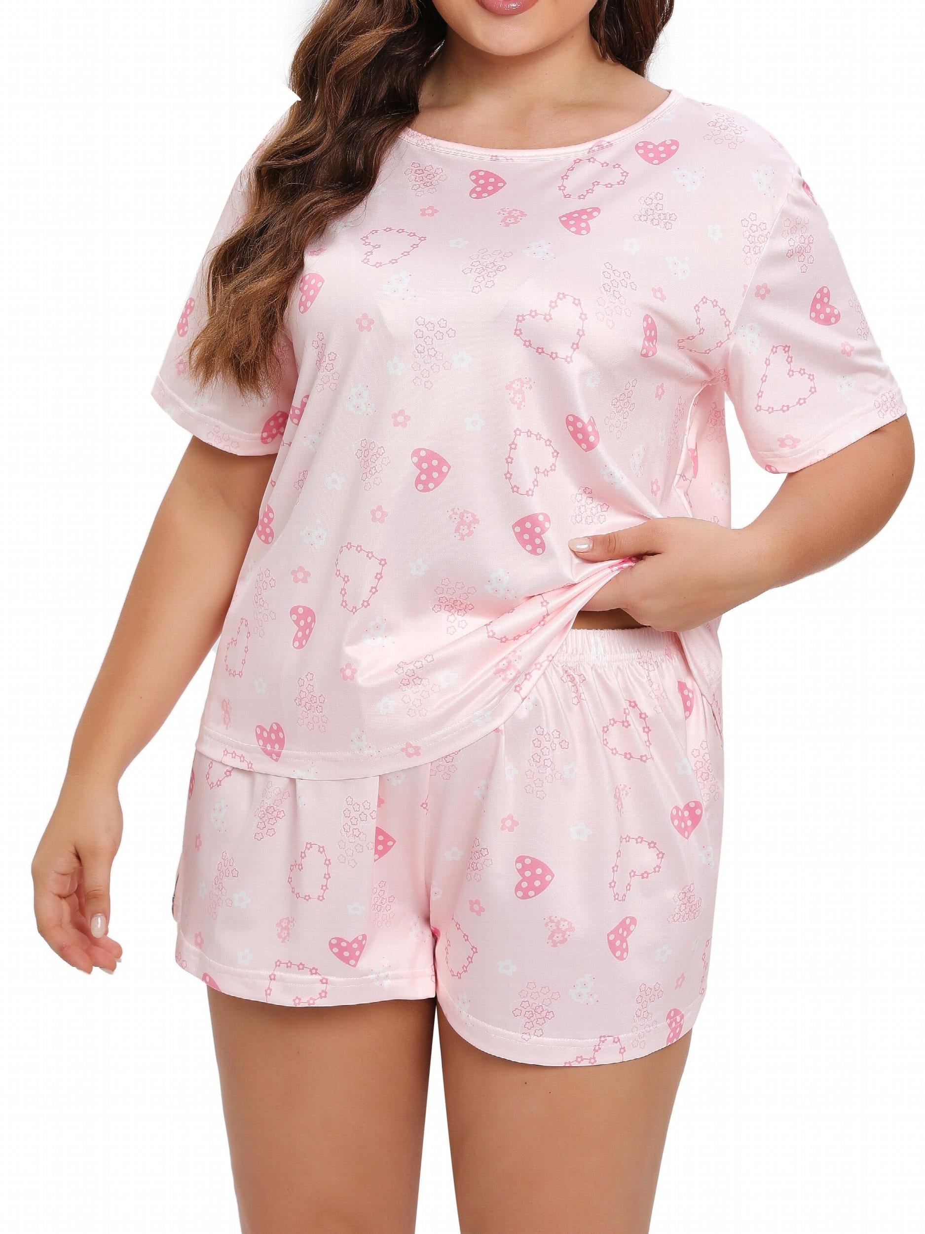 Plus Size Heart Print Pajama Set Short Sleeve Round Neck Top & Shorts