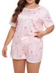 Plus Size Heart Print Pajama Set Short Sleeve Round Neck Top & Shorts