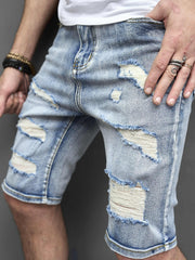 Men's Ripped Denim Shorts Street Style Distressed Mid Stretch Shorts