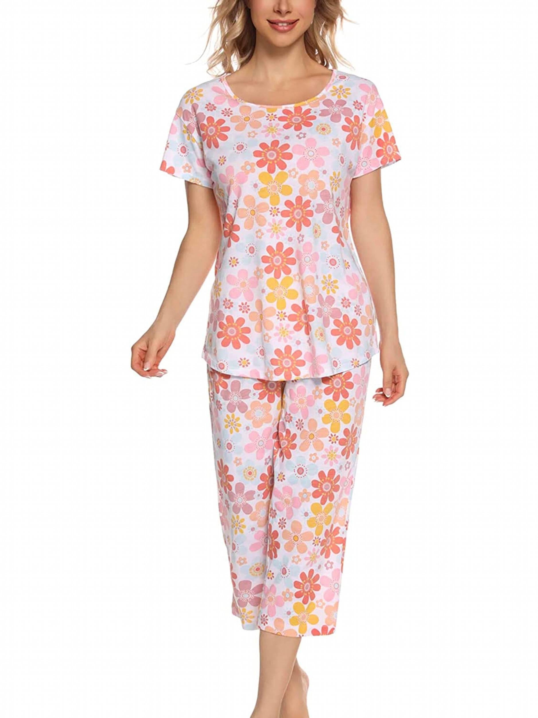 Star Print Pajama Set Short Sleeve Round Neck Top & Elastic Waistband