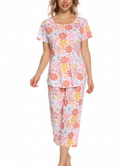 Star Print Pajama Set Short Sleeve Round Neck Top & Elastic Waistband