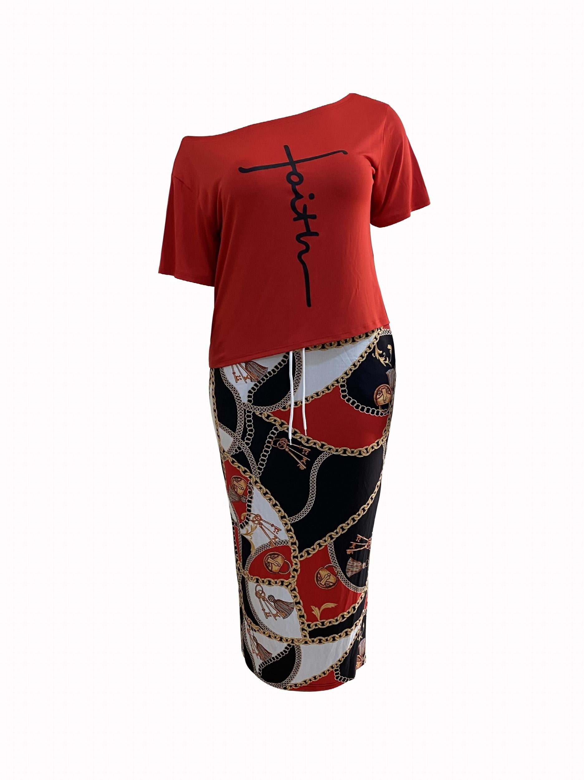 Women's Letter & Chain Print Top & Skirt Set