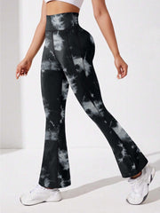 Tie Dye Yoga Pants High Waist Flared Leg with Pocket Outdoor Sports Trousers