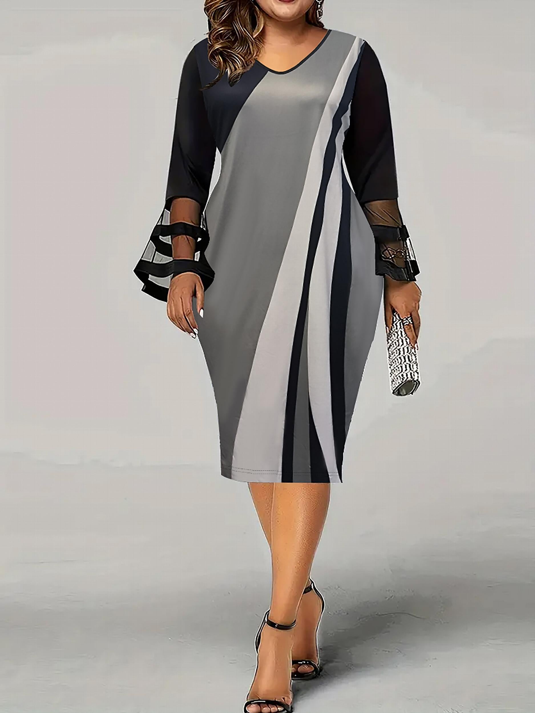 Colorblock Mesh Sleeve V Neck Dress
