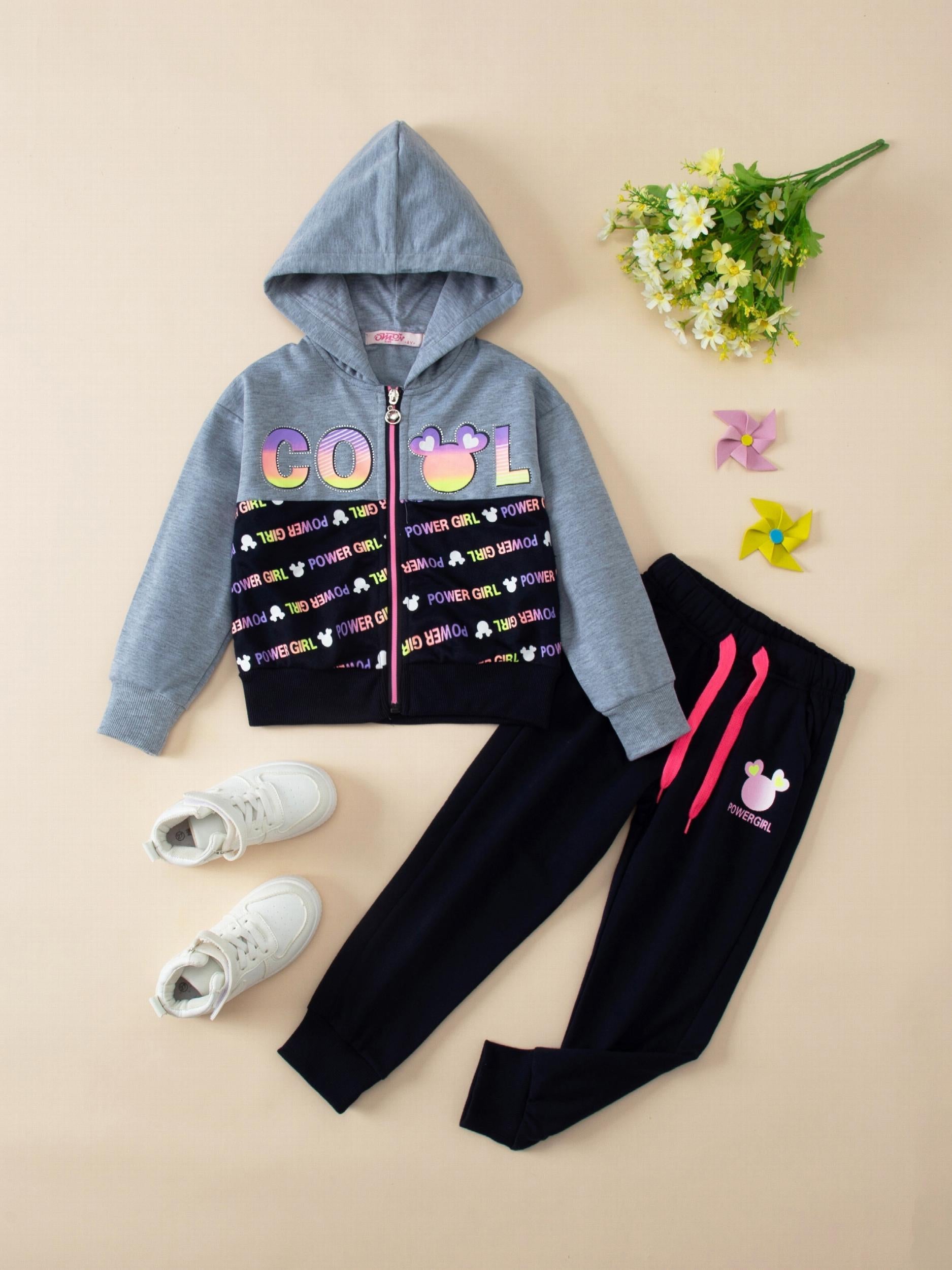 Girl's POWER GIRL Zip Hoodie & Sweatpants Set for Spring/Fall