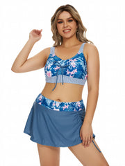 Boho Tankini Set Women's Plus Tie Front Tank Top & Lace Up Mini Skirt