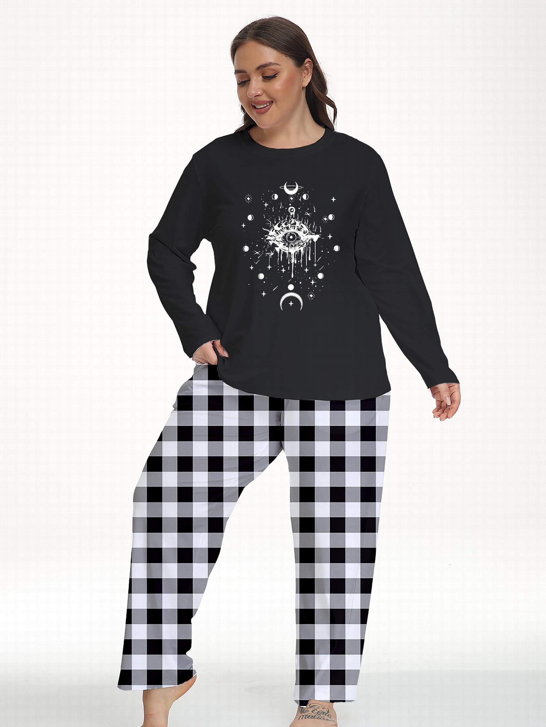 Colorblock Gingham & Graphic Print Tee & Pants Pajama Set