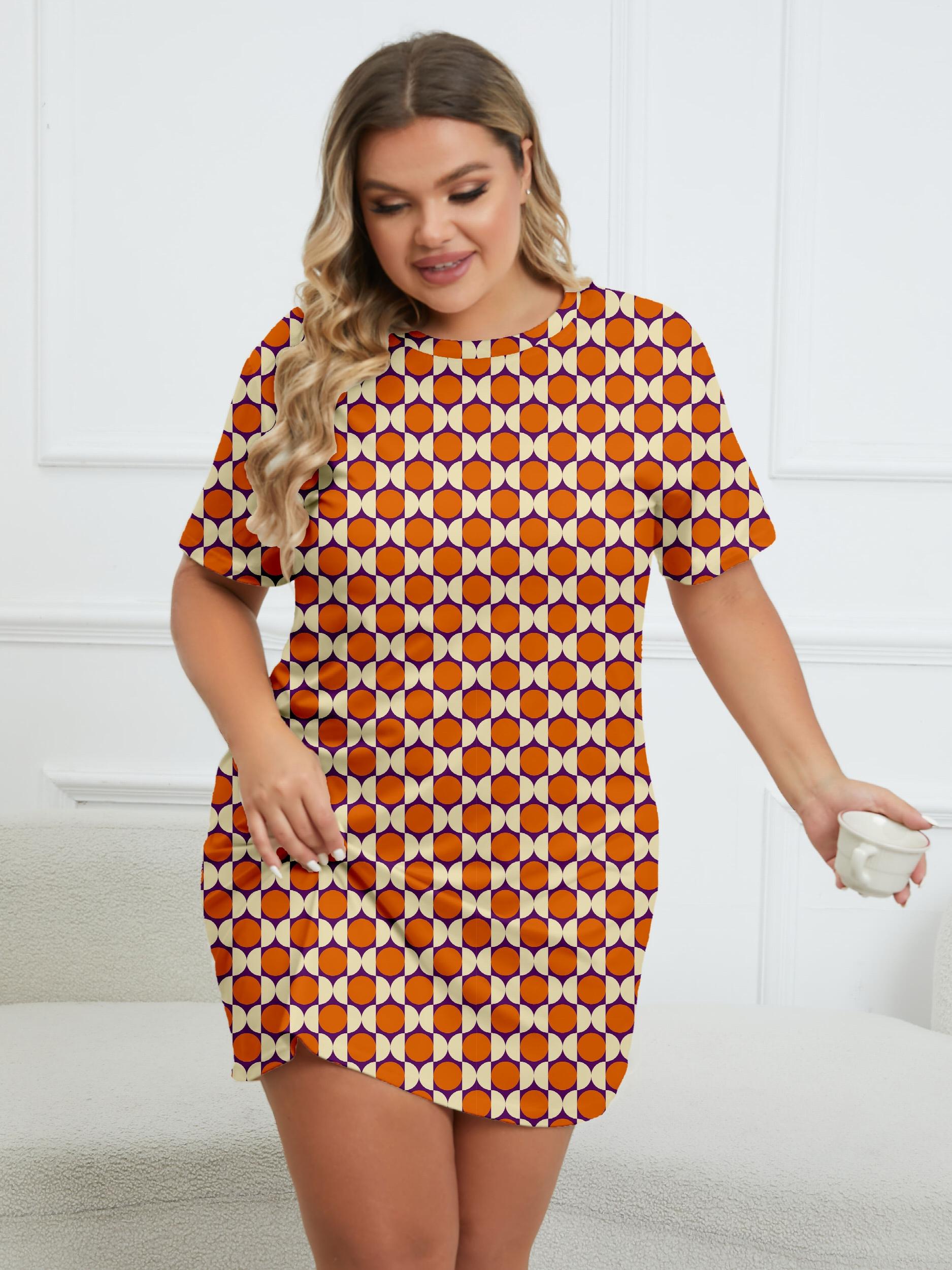 Print Round Neck Short Sleeve Dress Plus Size
