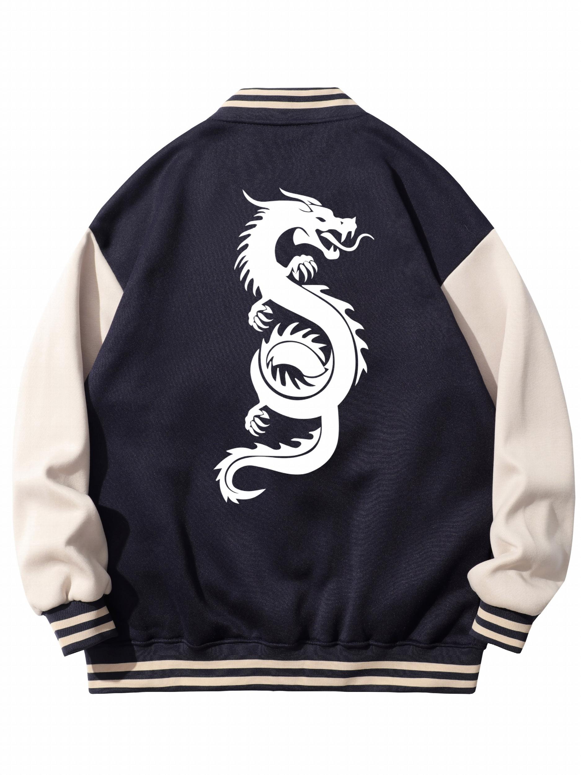 Dragon Print Casual Varsity Jacket Men's Lightweight Button Up Jacket