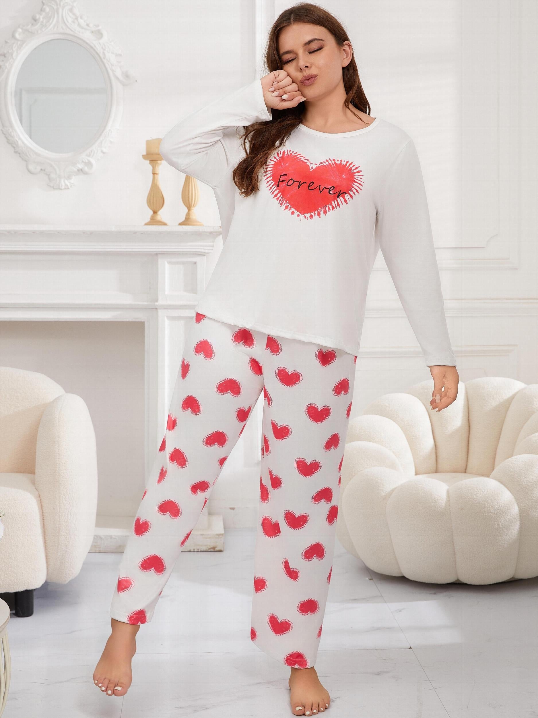 Heart Print Long Sleeve Tee & Pants Pajamas Set