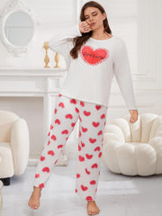 Heart Print Long Sleeve Tee & Pants Pajamas Set
