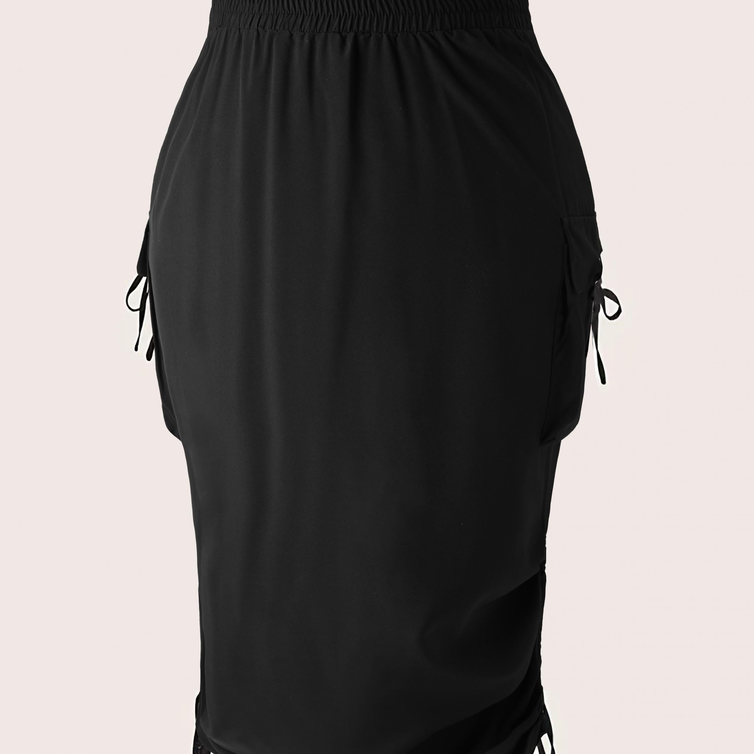 Solid Elastic Side Ruched Tie Maxi Cargo Skirt