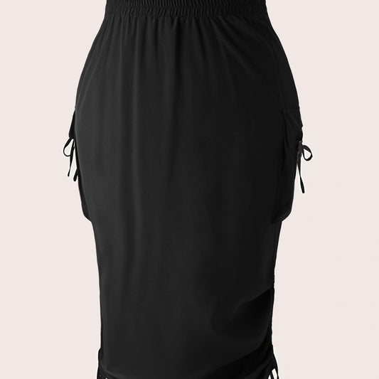 Solid Elastic Side Ruched Tie Maxi Cargo Skirt