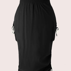 Solid Elastic Side Ruched Tie Maxi Cargo Skirt