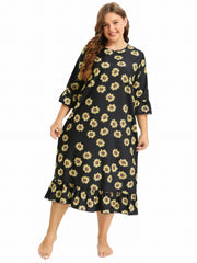 Sunflower Print Ruffle Trim Sleep Dress