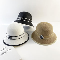 Camellia Decor Sun Hat French Style Straw Bucket Hat Outdoor Sunshade