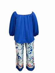 Solid Lantern Sleeve Top & Floral Print Pants Set