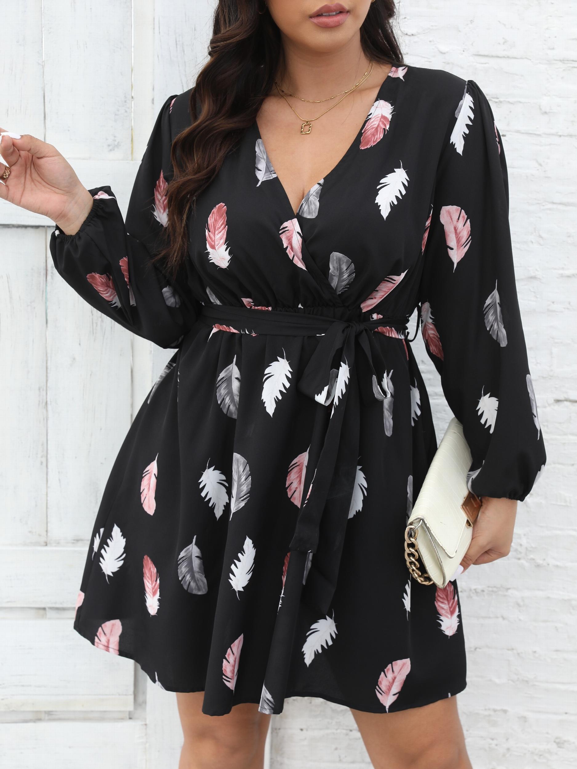 Feather Print Lantern Sleeve Belted Mini Dress