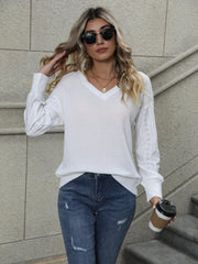 Solid V Neck Sweatshirt Eyelet Sleeve Spring Fall Women's Clothing