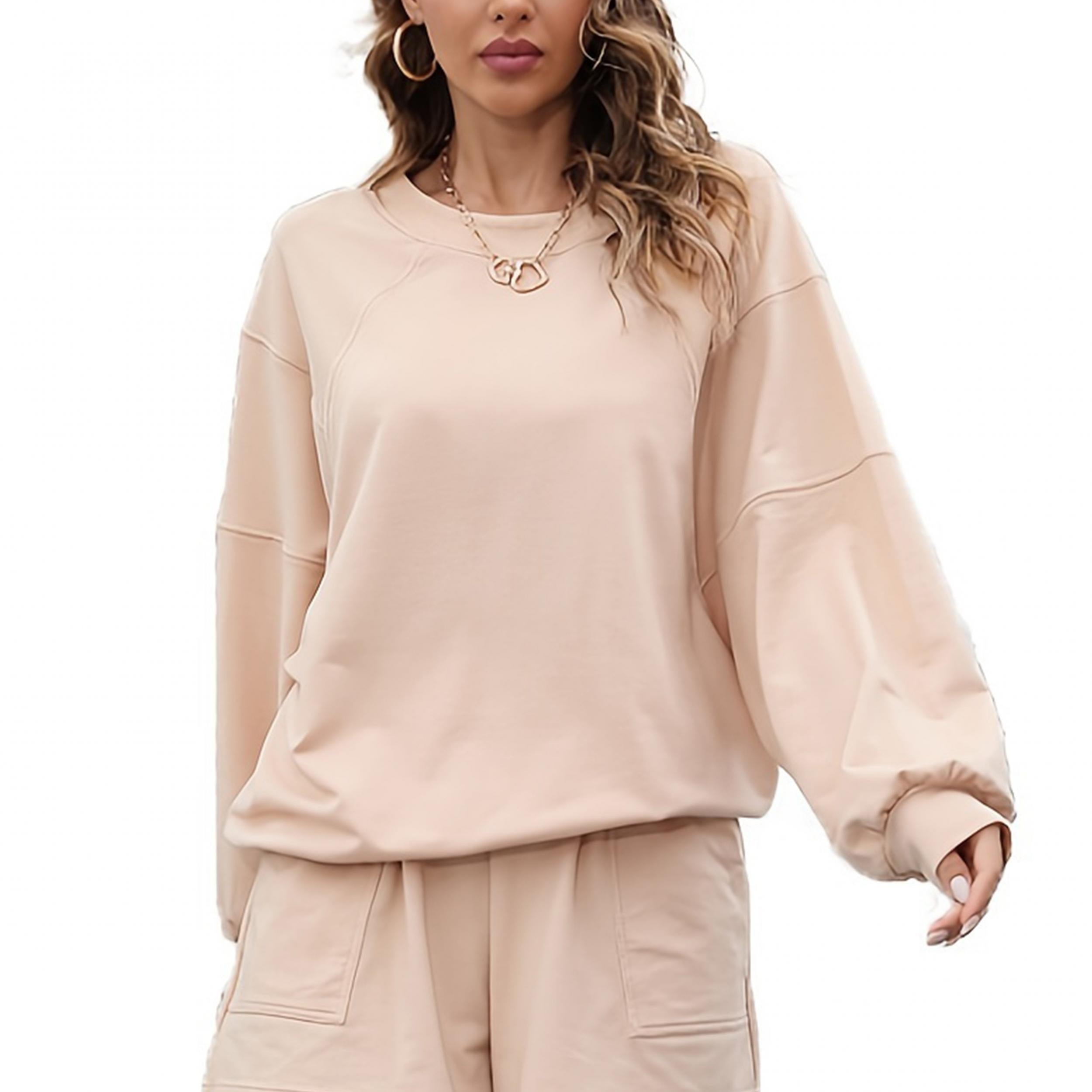 Solid Crew Neck Sweatshirt & Shorts Set for Women