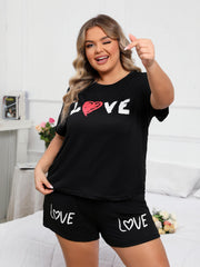 Women's Pajama Set Letter & Heart Print T Shirt & Shorts L