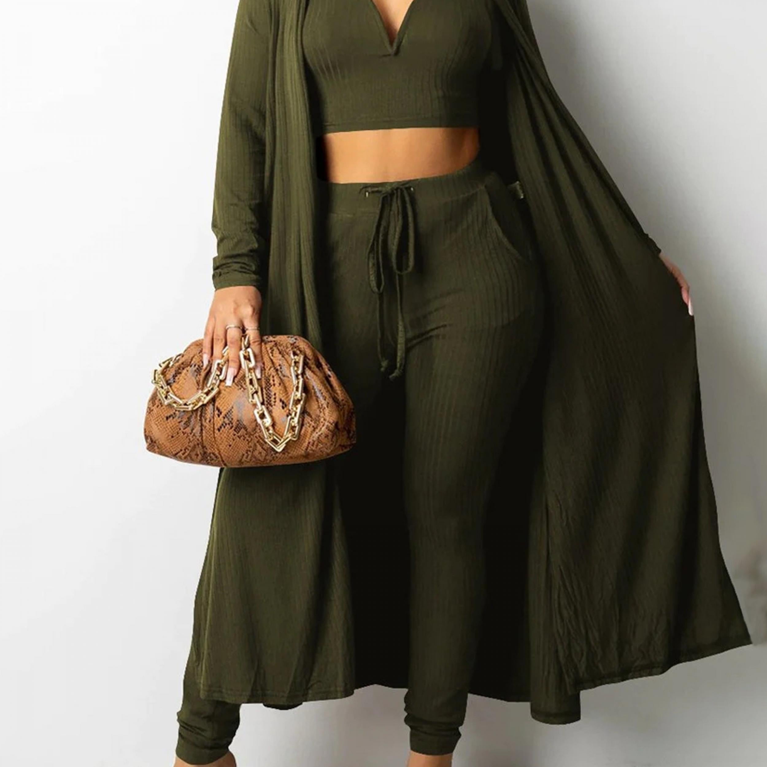 Solid Ribbed Cardigan & Drawstring Pants Set