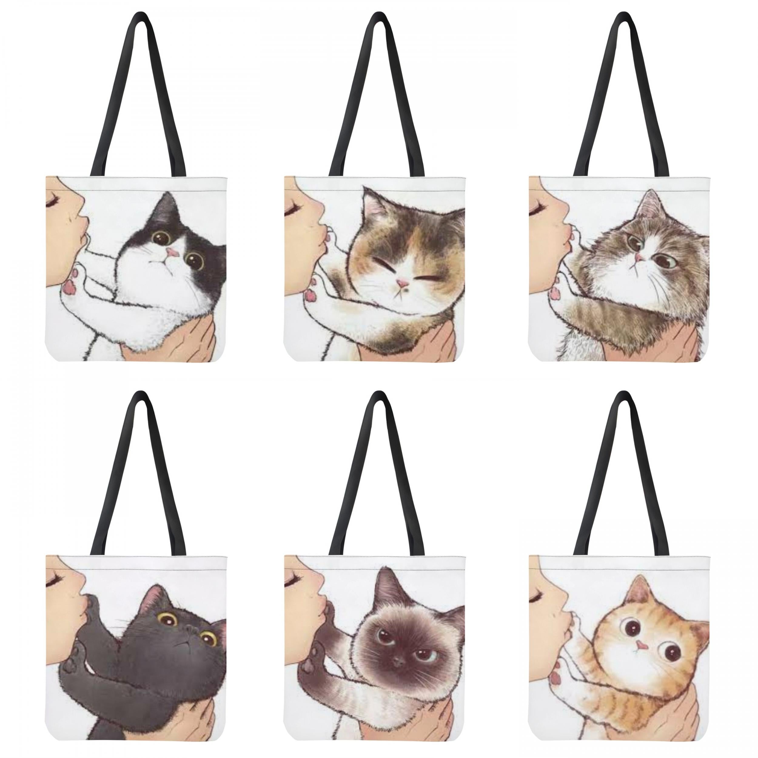 Kissing Cat Print Tote Bag Eco Friendly Portable Shopper Bag