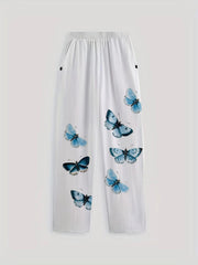 Butterfly Print Elastic Waist Pants Casual Pants Spring Summer