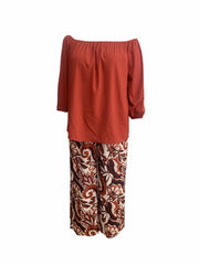 Solid One Shoulder Top & Paisley Print Pants 2 Piece Set