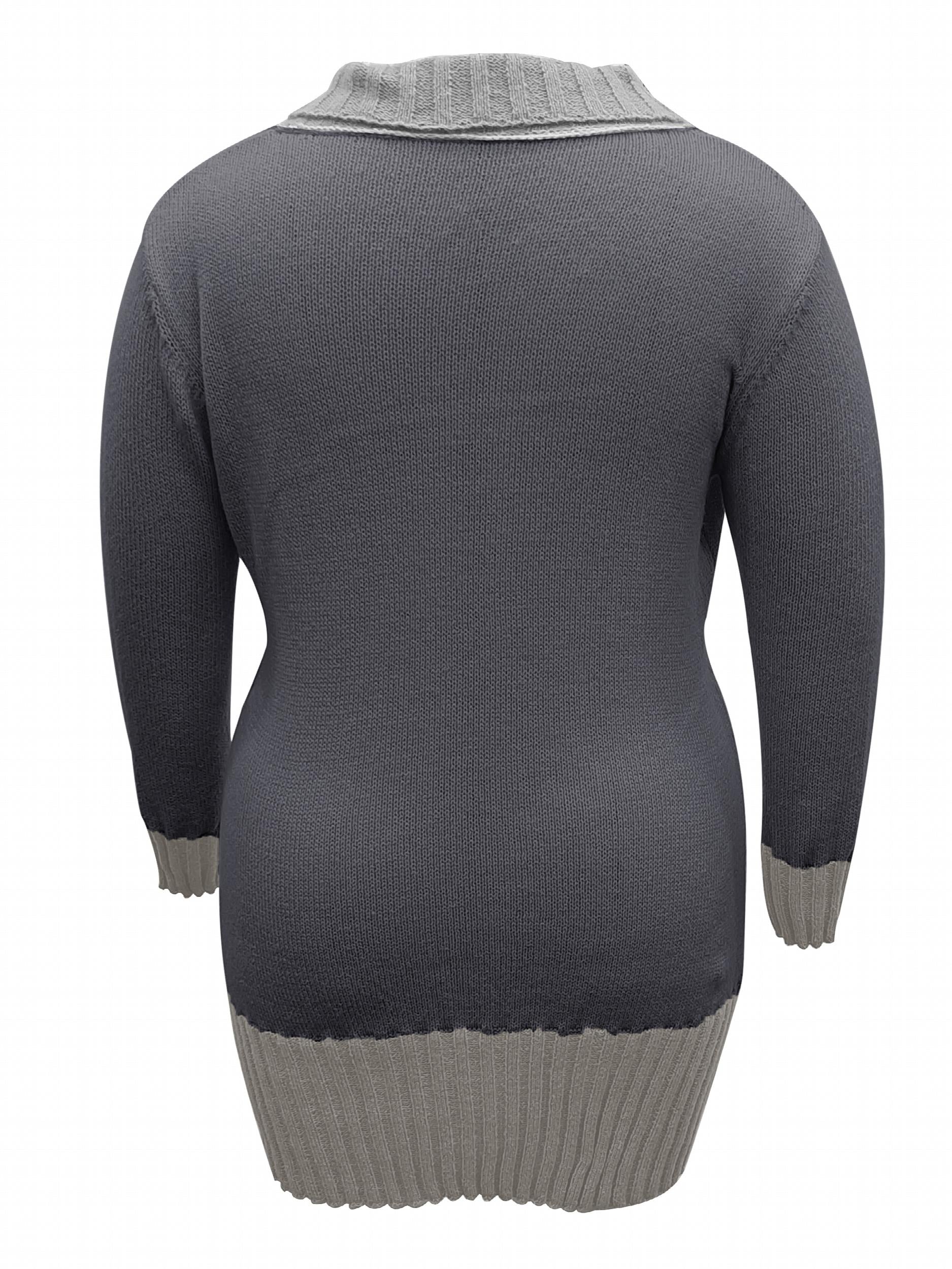 Colorblock Cable Button V-Neck Mini Sweater Dress