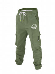 Smile Print Men's Cargo Pants Drawstring Flap Pocket Joggers
