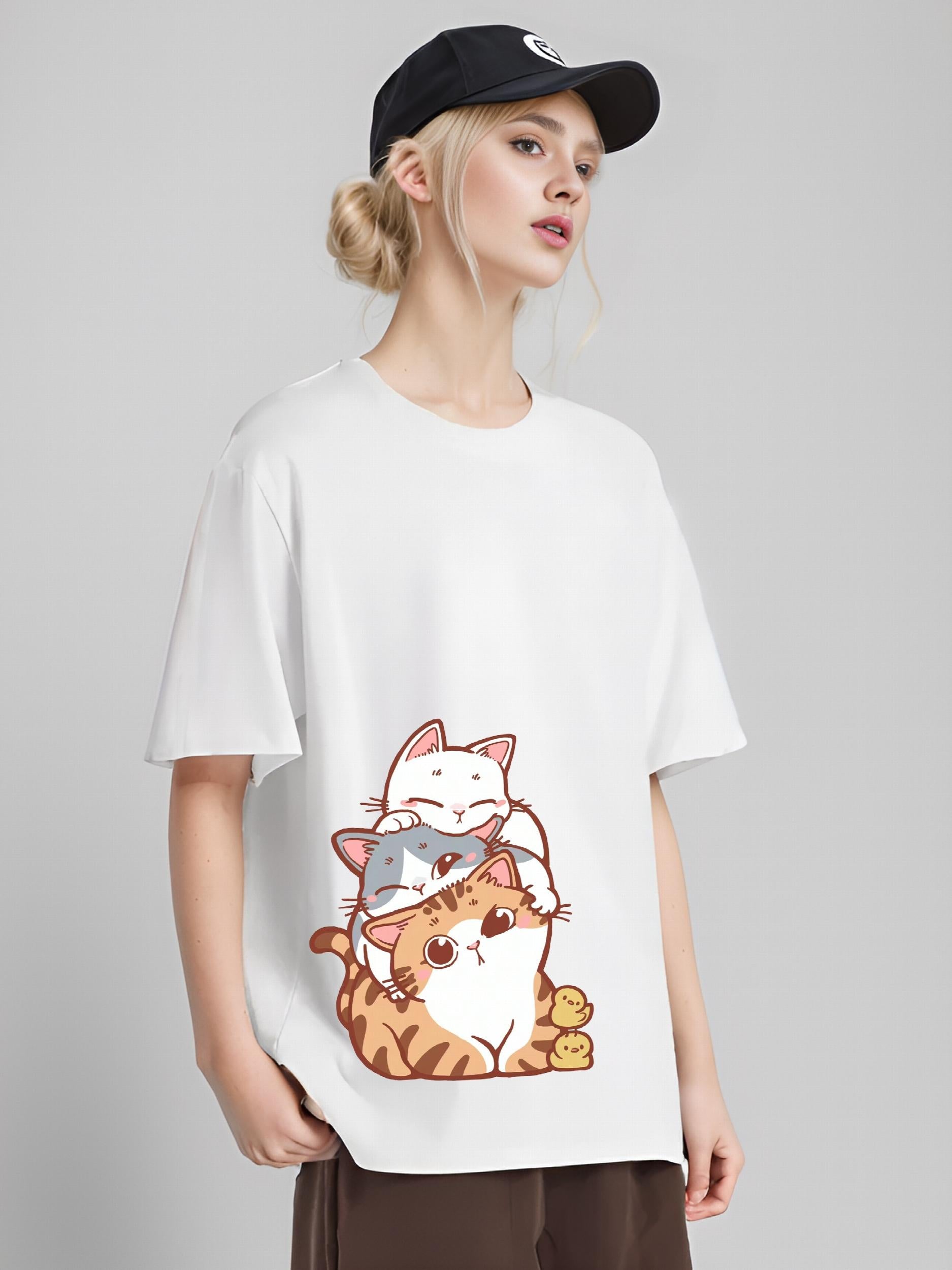 Cat Graphic Casual Short Sleeve Top Cartoon Print Sports T-shirt