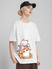 Cat Graphic Casual Short Sleeve Top Cartoon Print Sports T-shirt