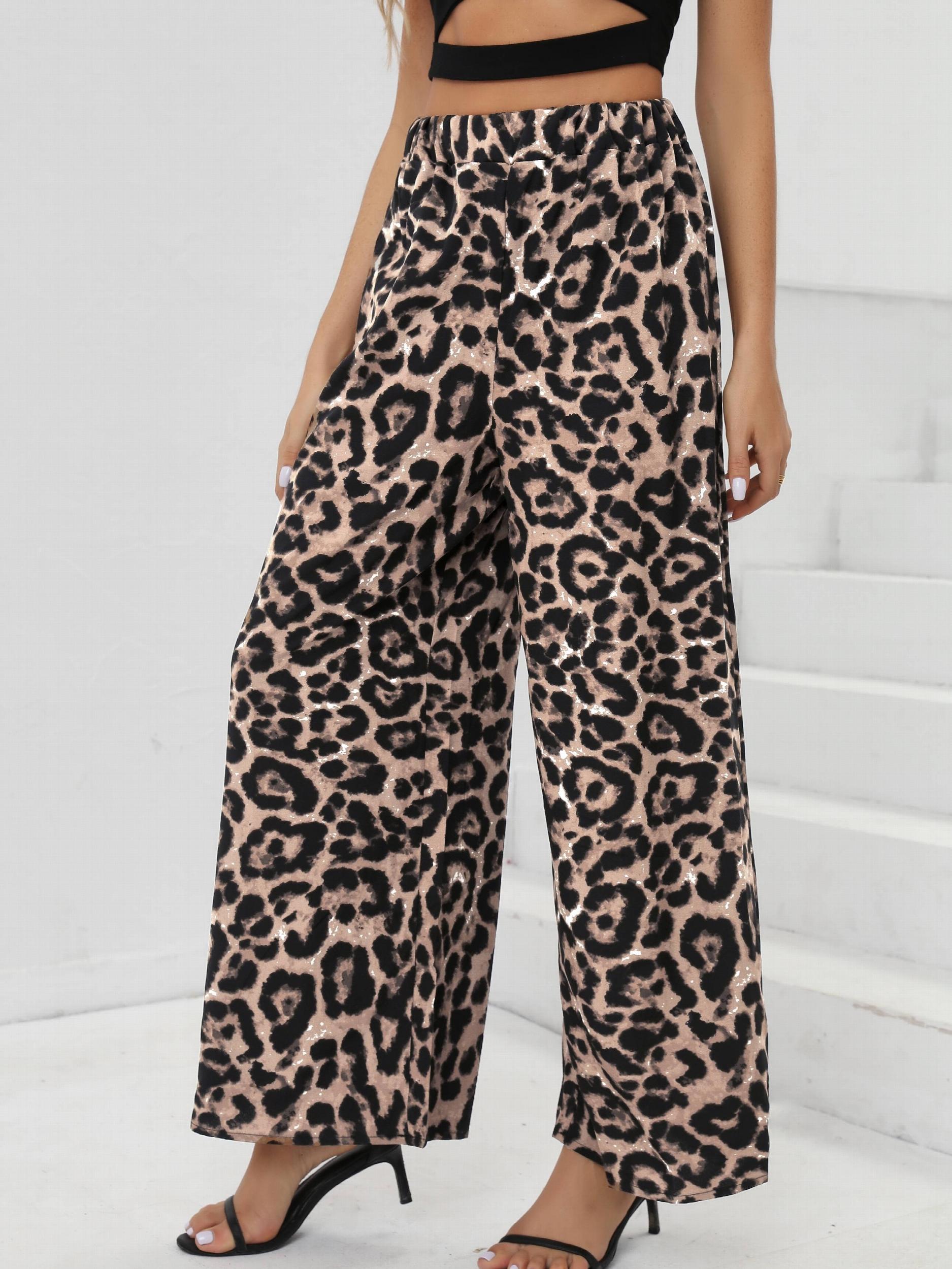 Leopard Print Wide Leg Pants High Waist Casual Elastic Women's Clothing