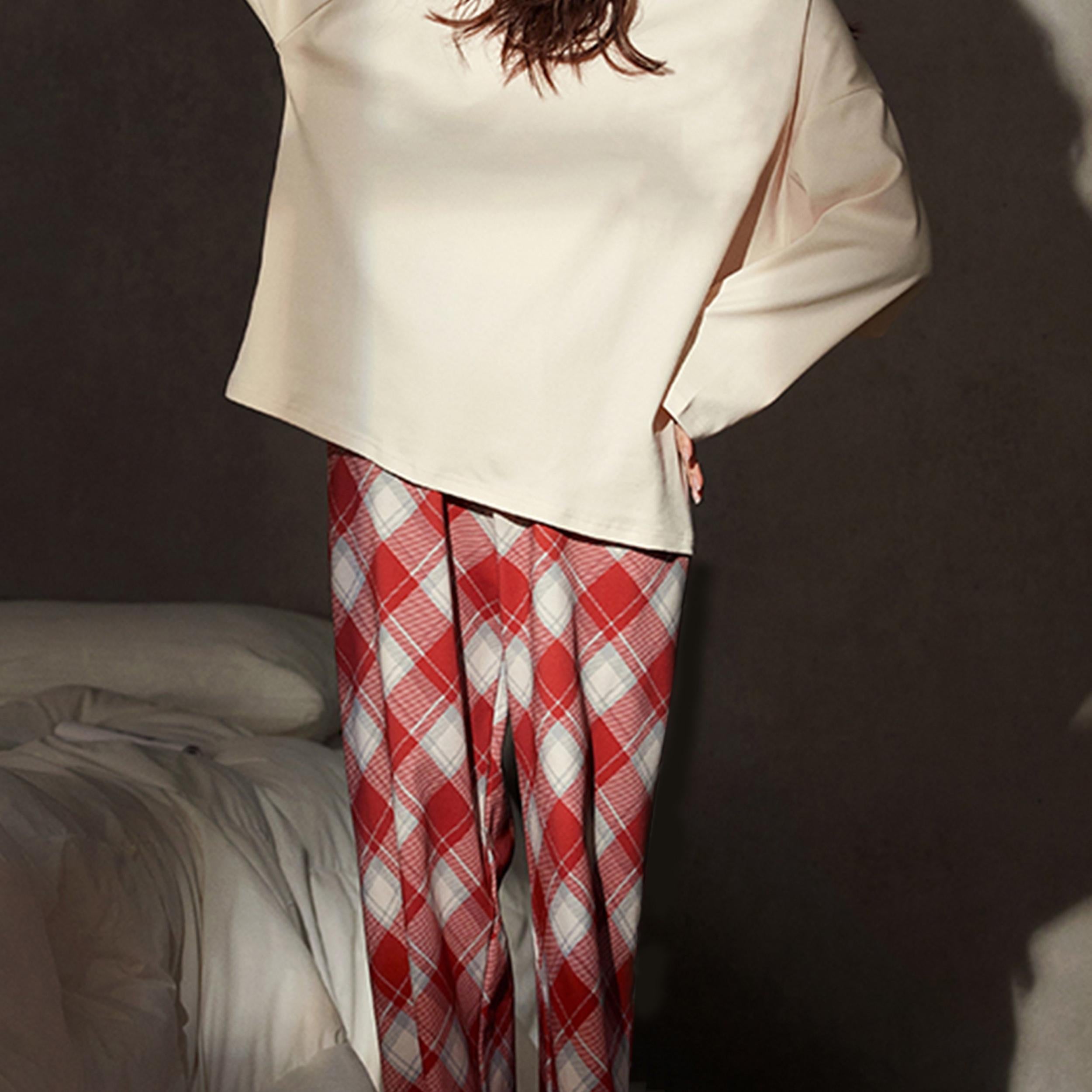 Cozy Pajama Set Long Sleeve Top & Plaid Pants Sleepwear & Loungewear