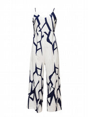 Abstract Print V Neck Jumpsuit Casual Spaghetti Strap Wide Leg Jumpsuit