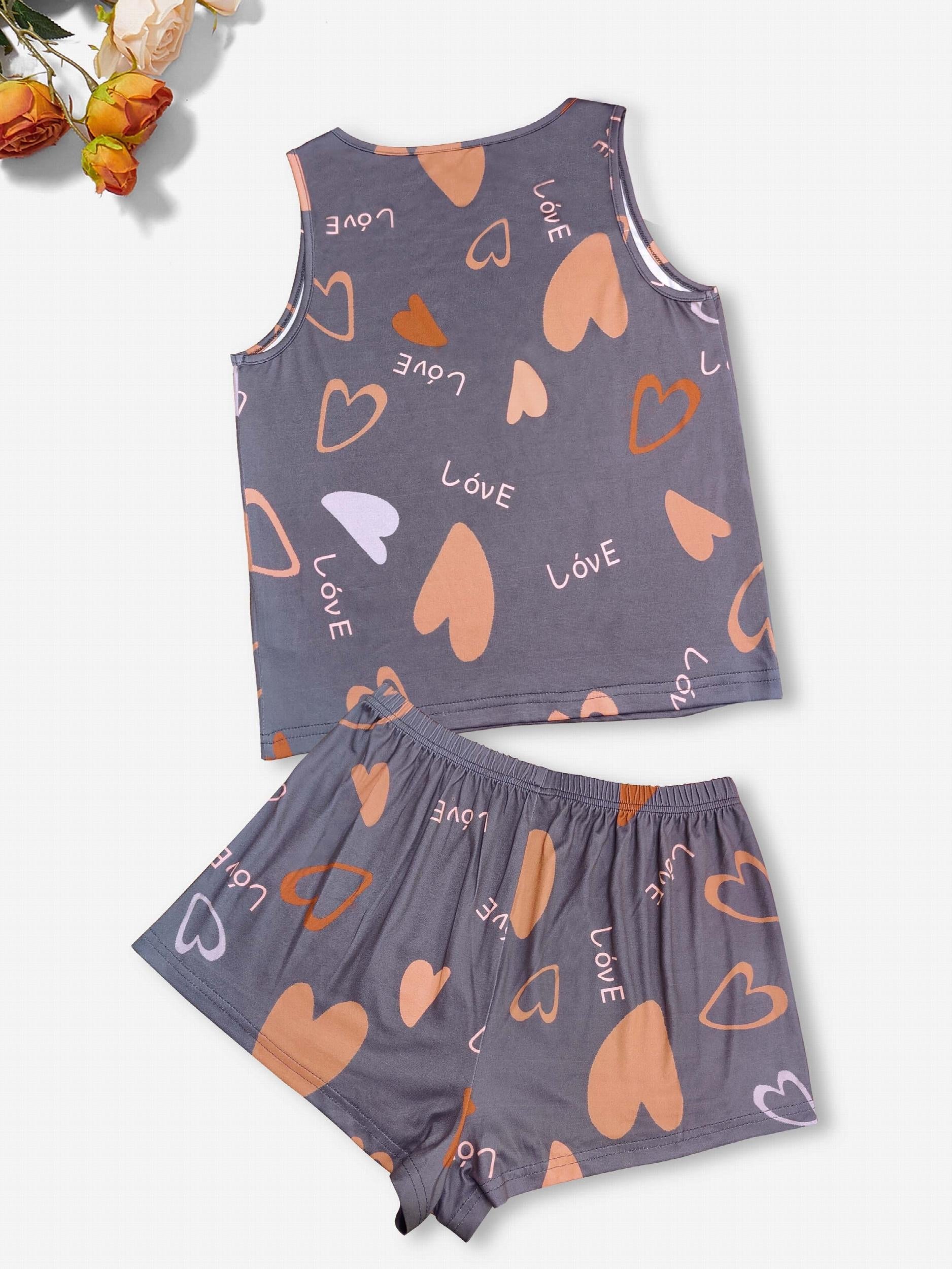Heart Print Pajama Set Tank Top & Shorts Women's Sleepwear