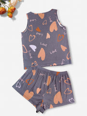 Heart Print Pajama Set Tank Top & Shorts Women's Sleepwear