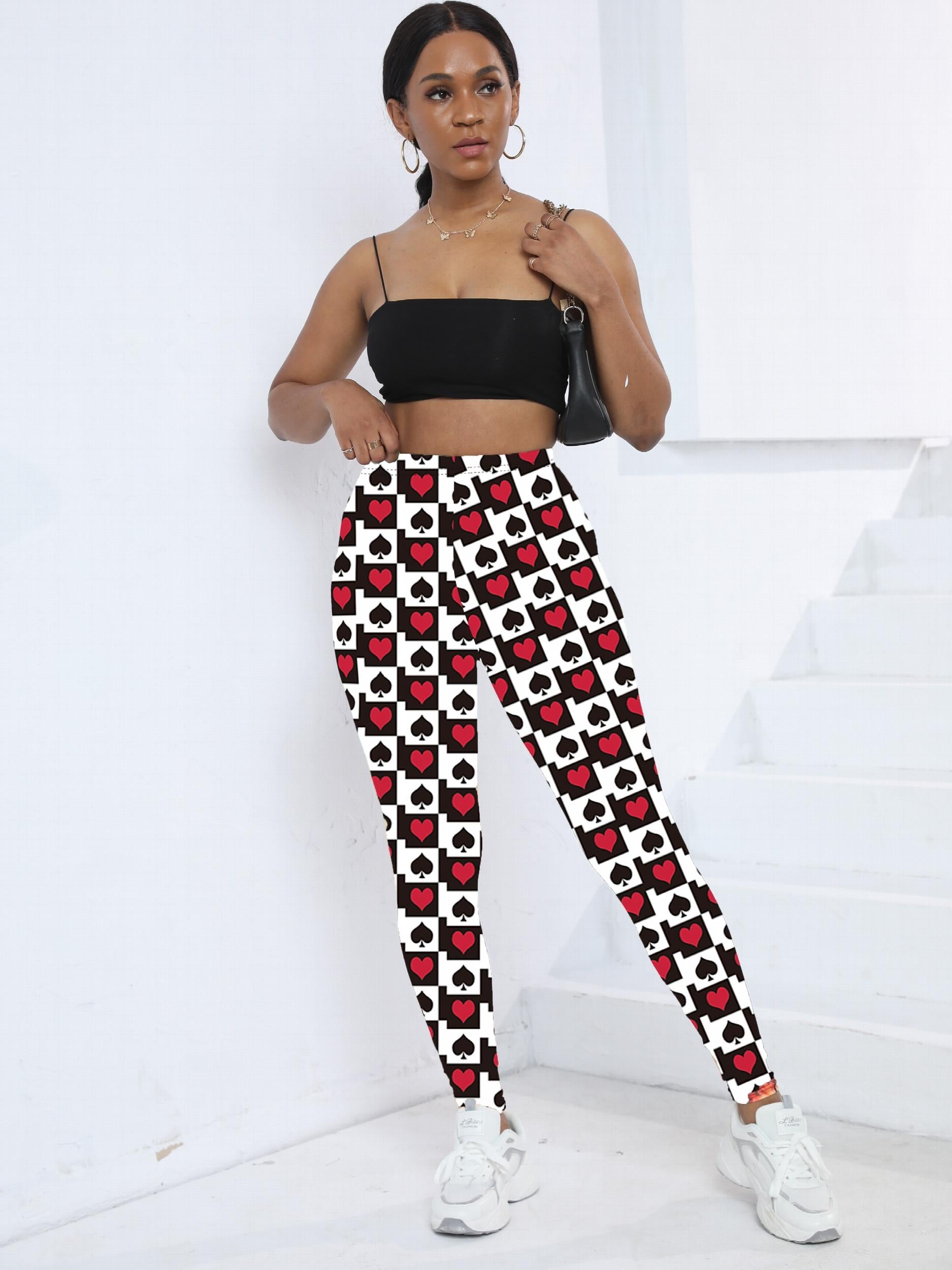 Heart & Spade Print Skinny Leggings Stretchy Women's Clothing