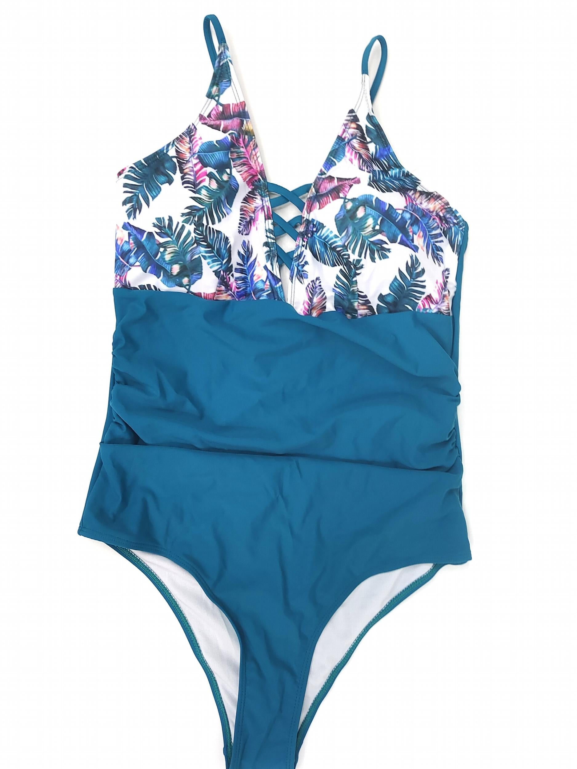 Boho Swimsuit Tropical Print Criss Cross Slim Fit Cami Swimsuit